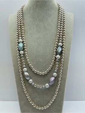 Vintage Silver Tone Multi Strand Lucite Beaded Statement Necklace Art Deco Bold
